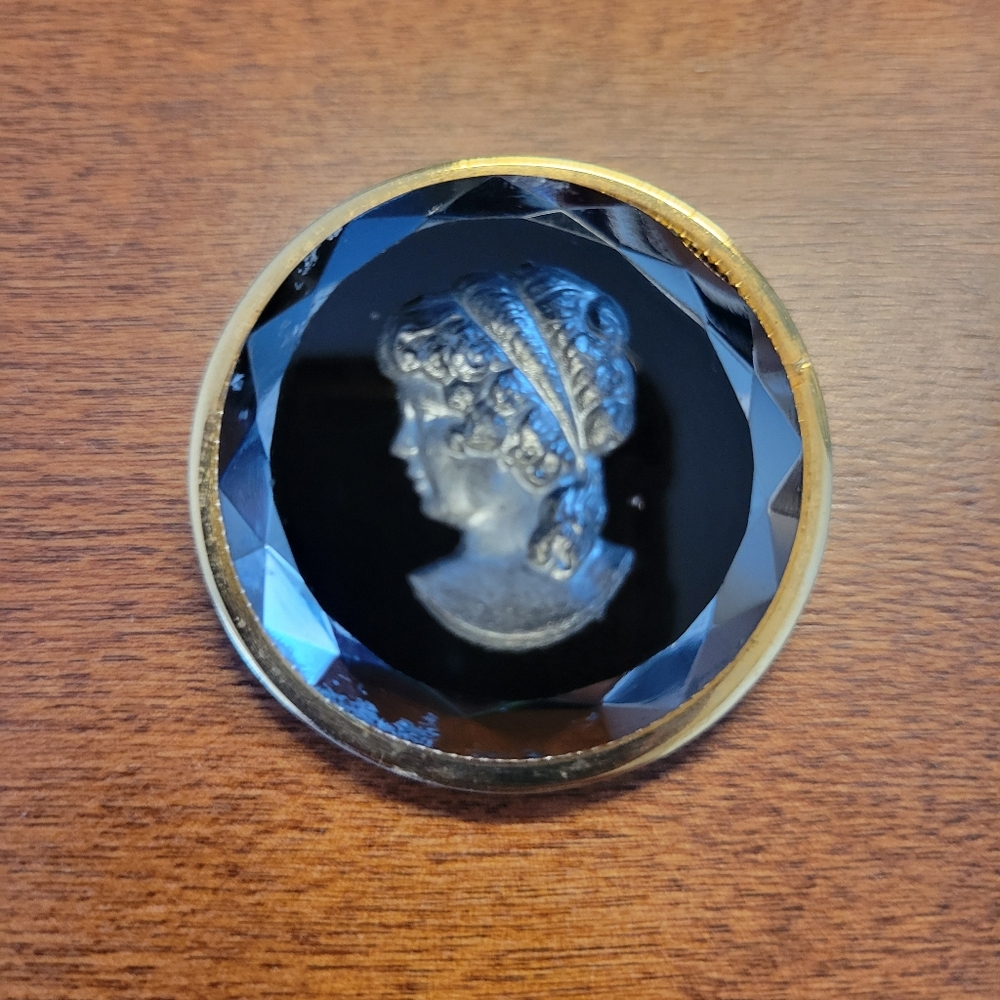 Victorian-Style Black Glass Cameo Brooch with Gold-Tone Rim